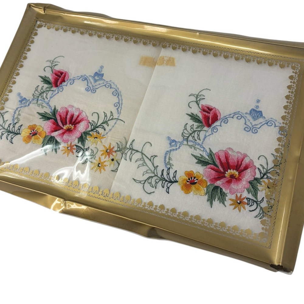 Vintage Embroidered Pillowcases Pair Floral Pink Blue NOS Original Box 26x16